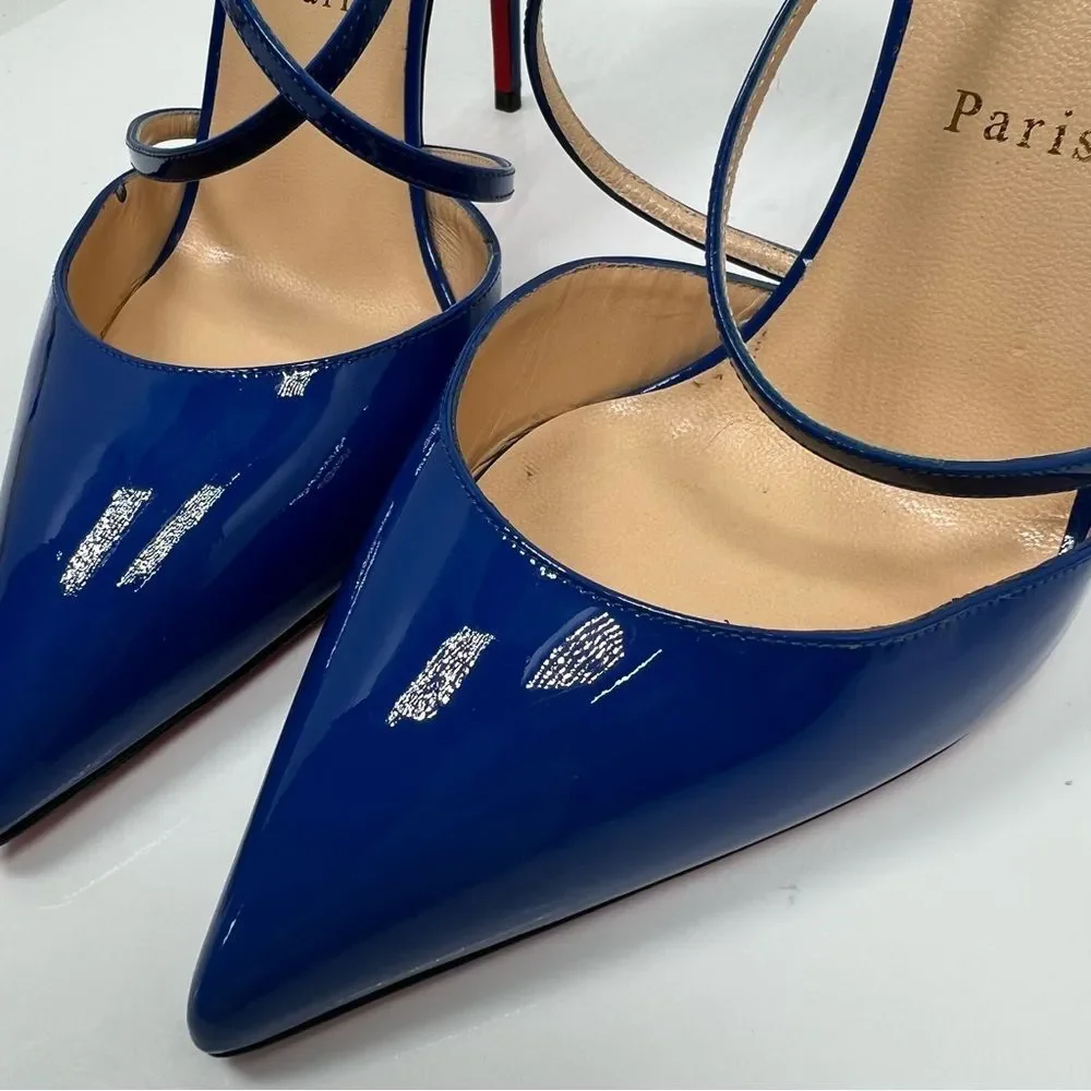 Christian Louboutin Cross Blake 100 Patent Electric Blue Strap Heel Pump Size 10 - Picture 7 of 9